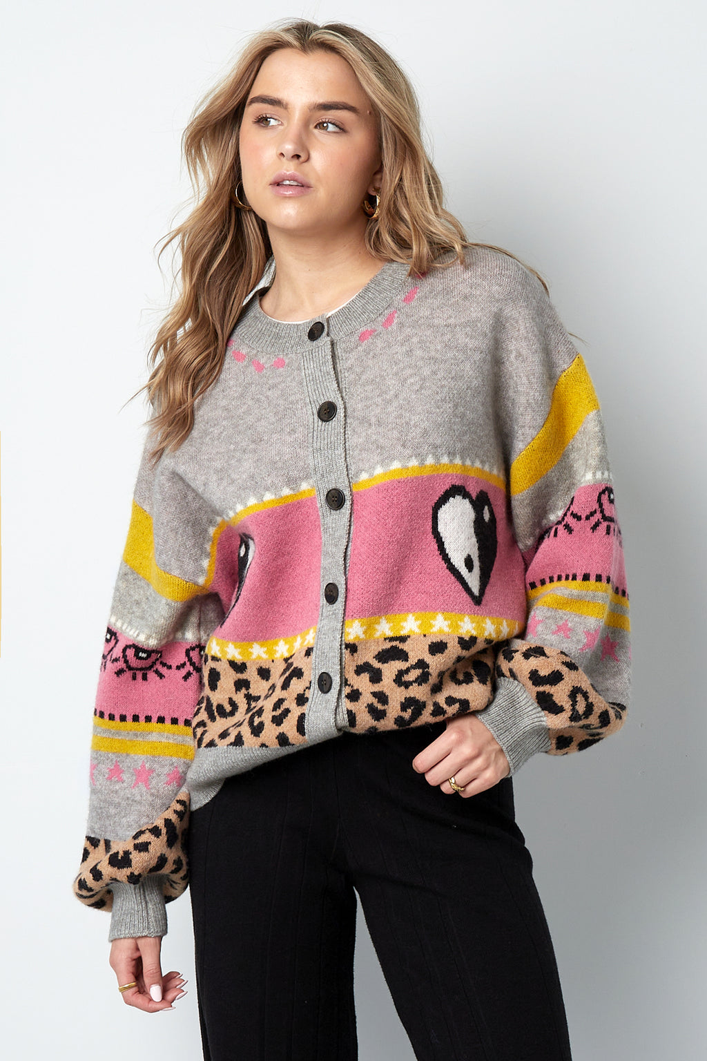 Gebreide Wolmix Vrouwen Cardigan Oversized Gepatroneerd Ontwerp