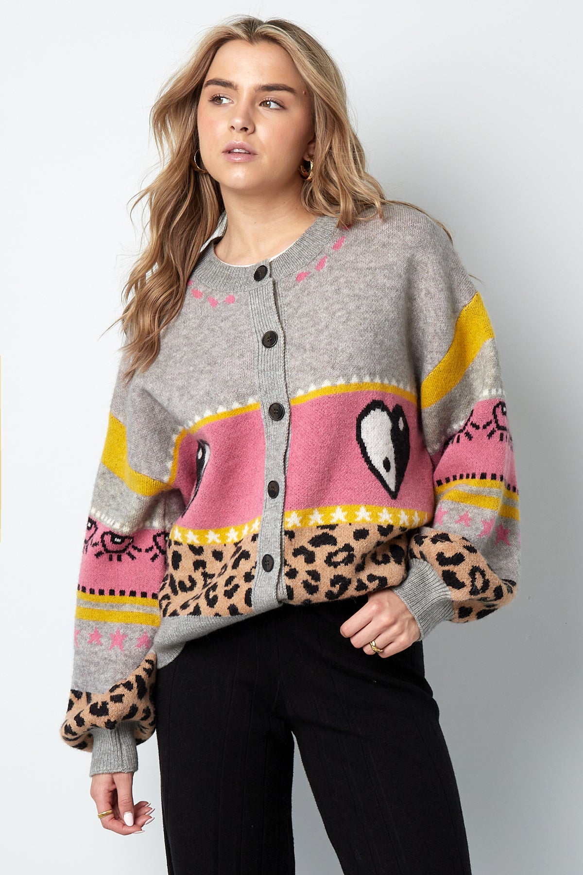 Gebreide Wolmix Vrouwen Cardigan Oversized Gepatroneerd Ontwerp