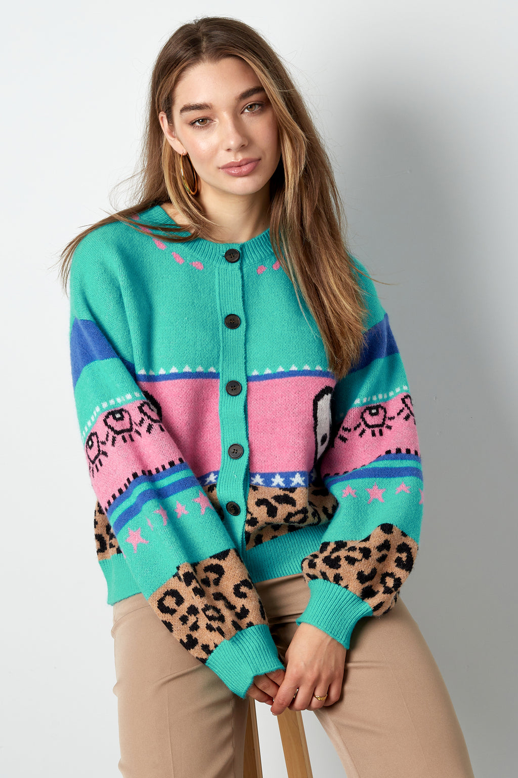 Gebreide Wolmix Vrouwen Cardigan Oversized Gepatroneerd Ontwerp