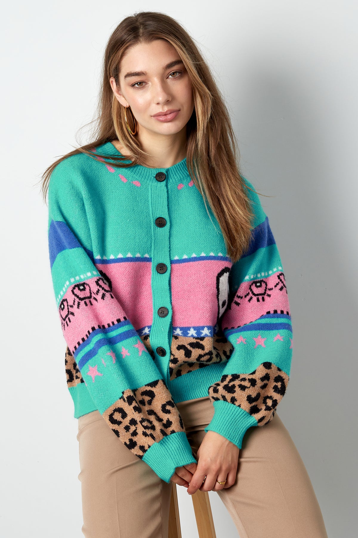 Gebreide Wolmix Vrouwen Cardigan Oversized Gepatroneerd Ontwerp