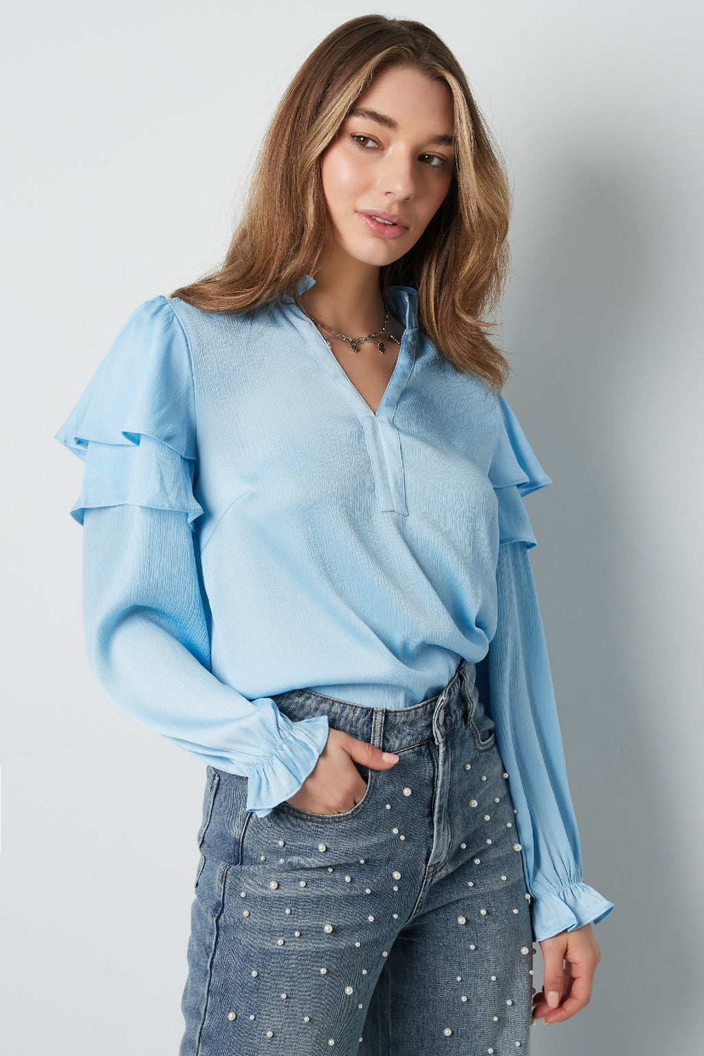 Polyester Vrouwen Lange Mouw Top Met Plooien V-Hals