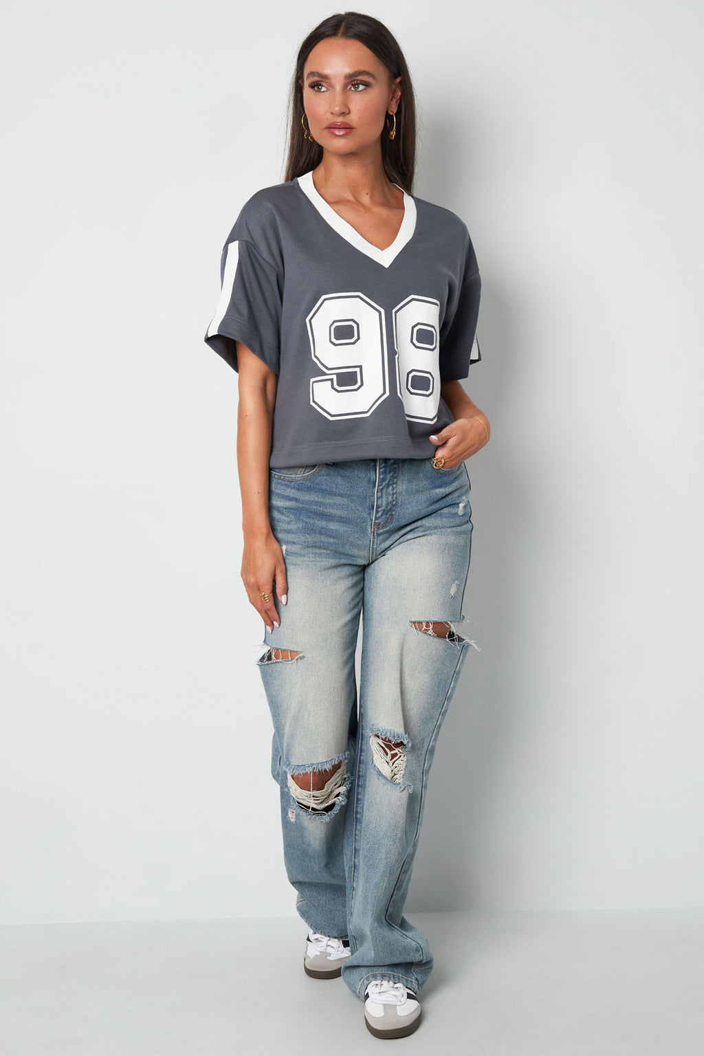 Gebreide Katoen Vrouwen V-hals T-shirt Sportief Kleurcontrast