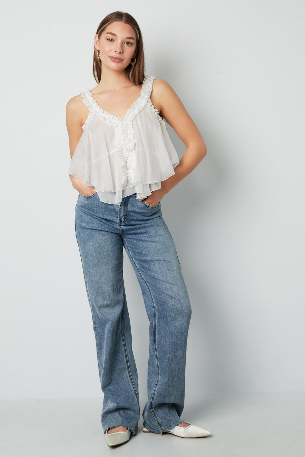 Geweven Witte Mouwloze Top Casual Solide Kleur Ruchesrand