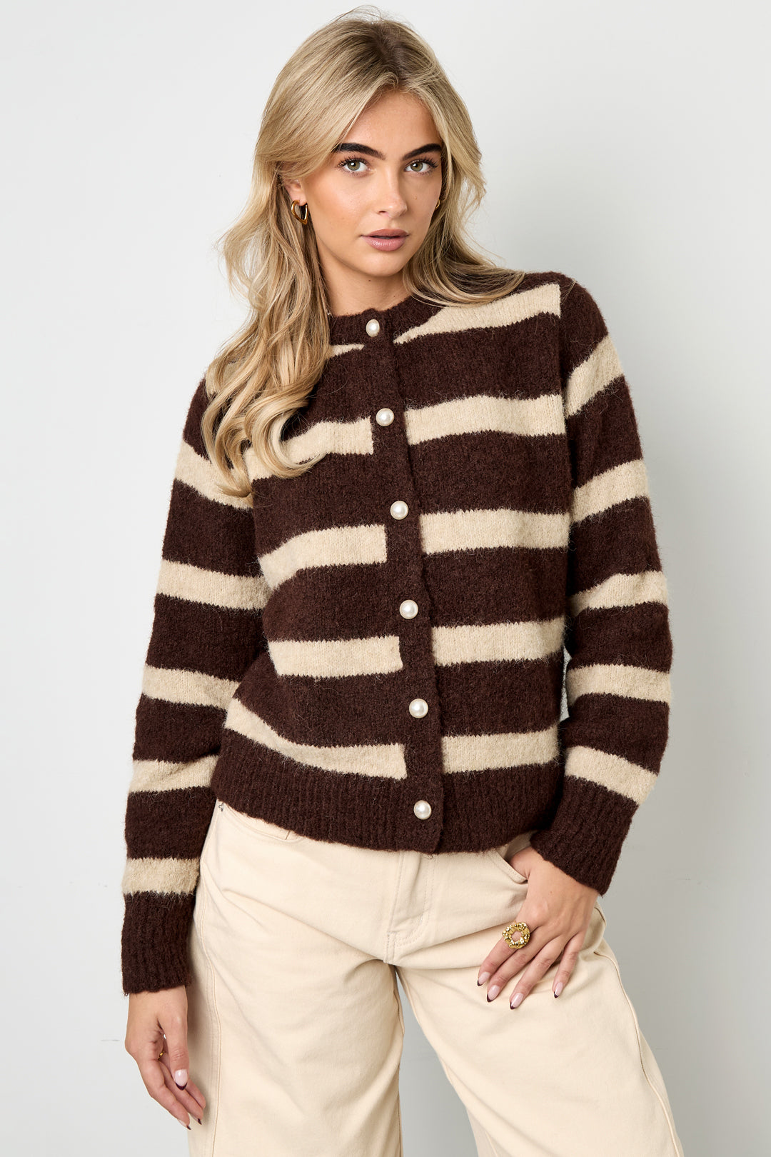 Gebreide Polyestervezel Vrouwen Cardigan Casual Strepen