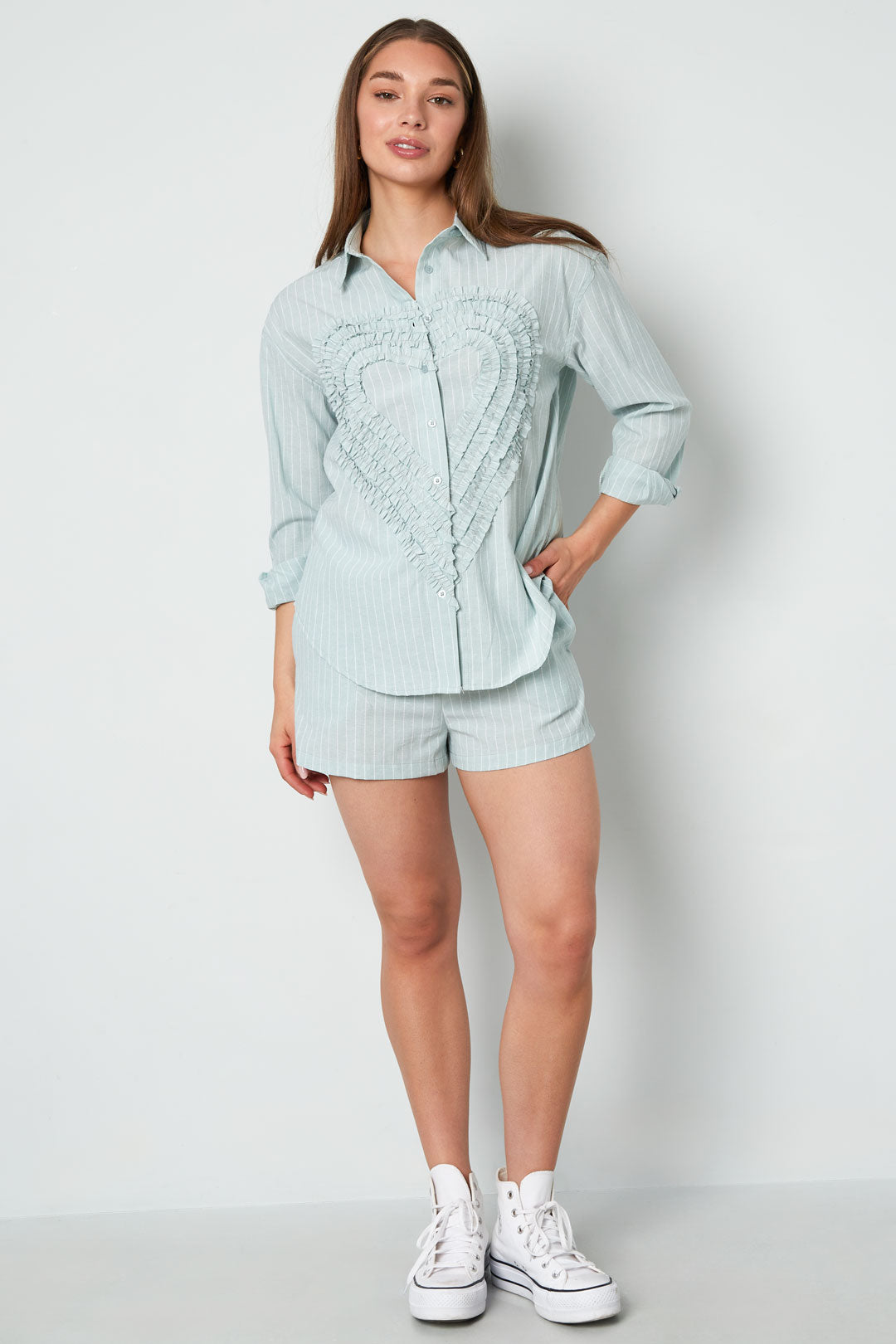 Cotton Woven Vrouwen Overhemd Casual Stripes Hart Ruffle Detail