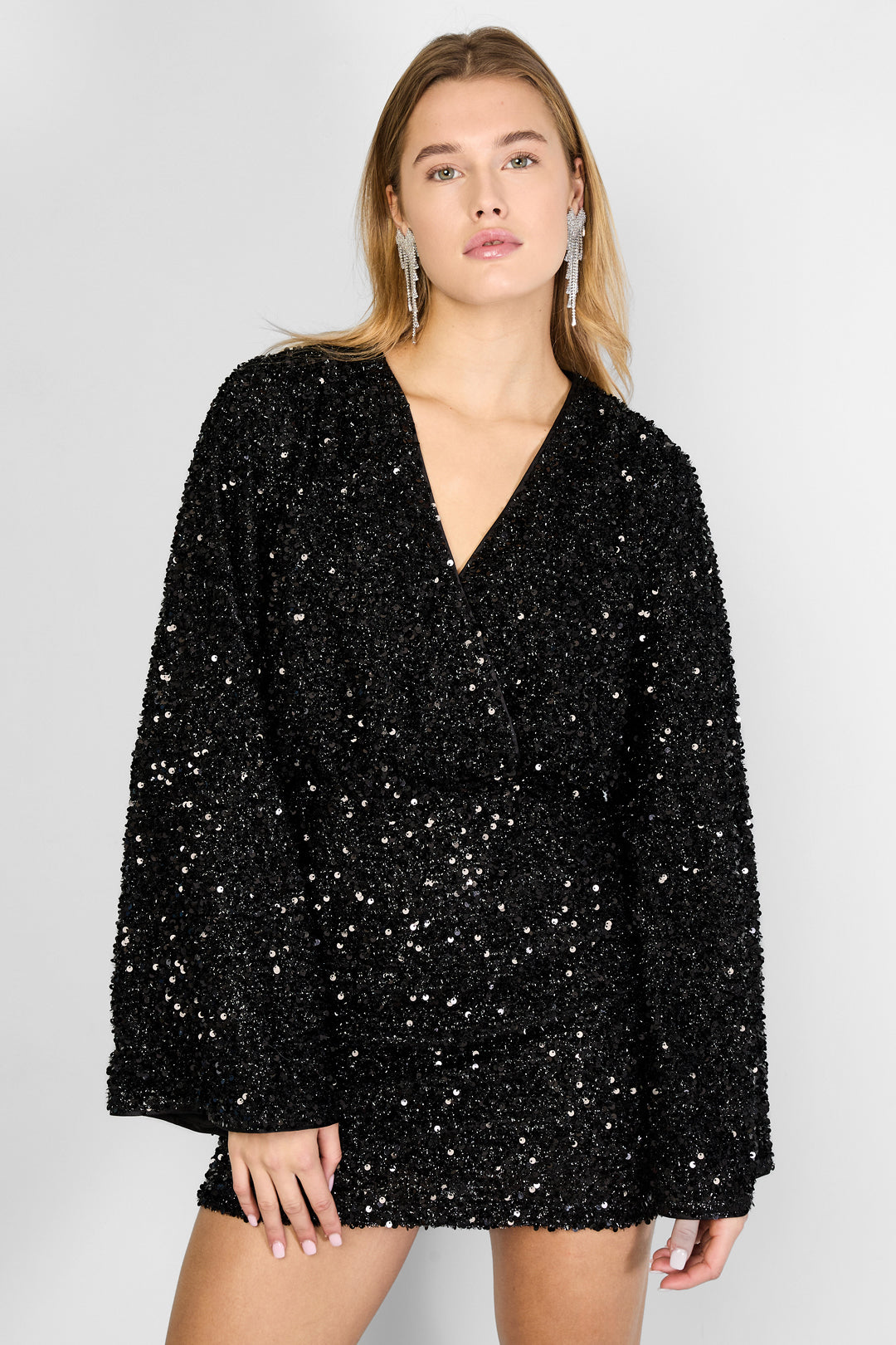 Geweven Polyestervezel Vrouwen Mini Jurk Elegante Pailletten Herfst/Winter