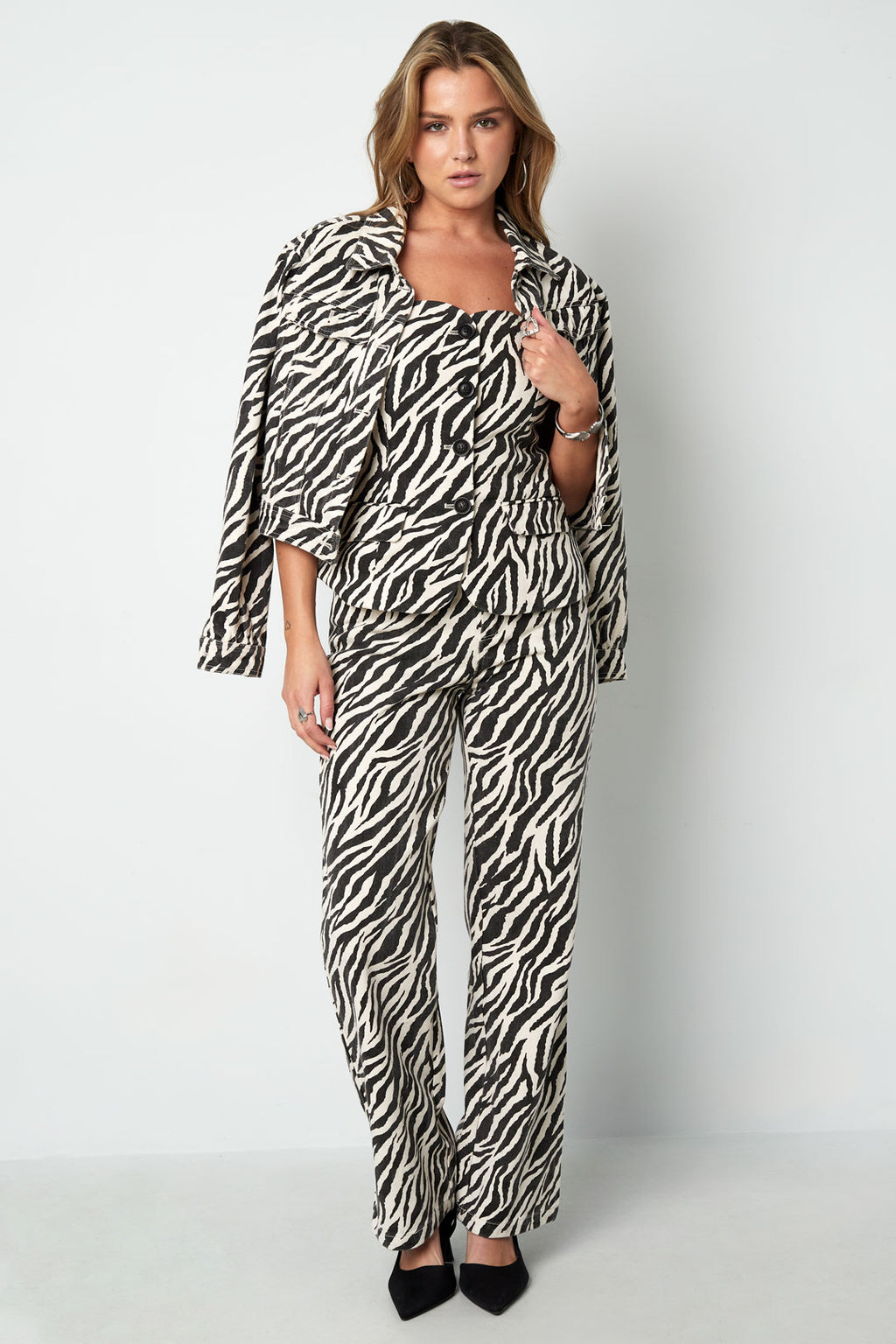 Geweven Katoen Vrouwen Rechte Broek Casual Zebra Strepen