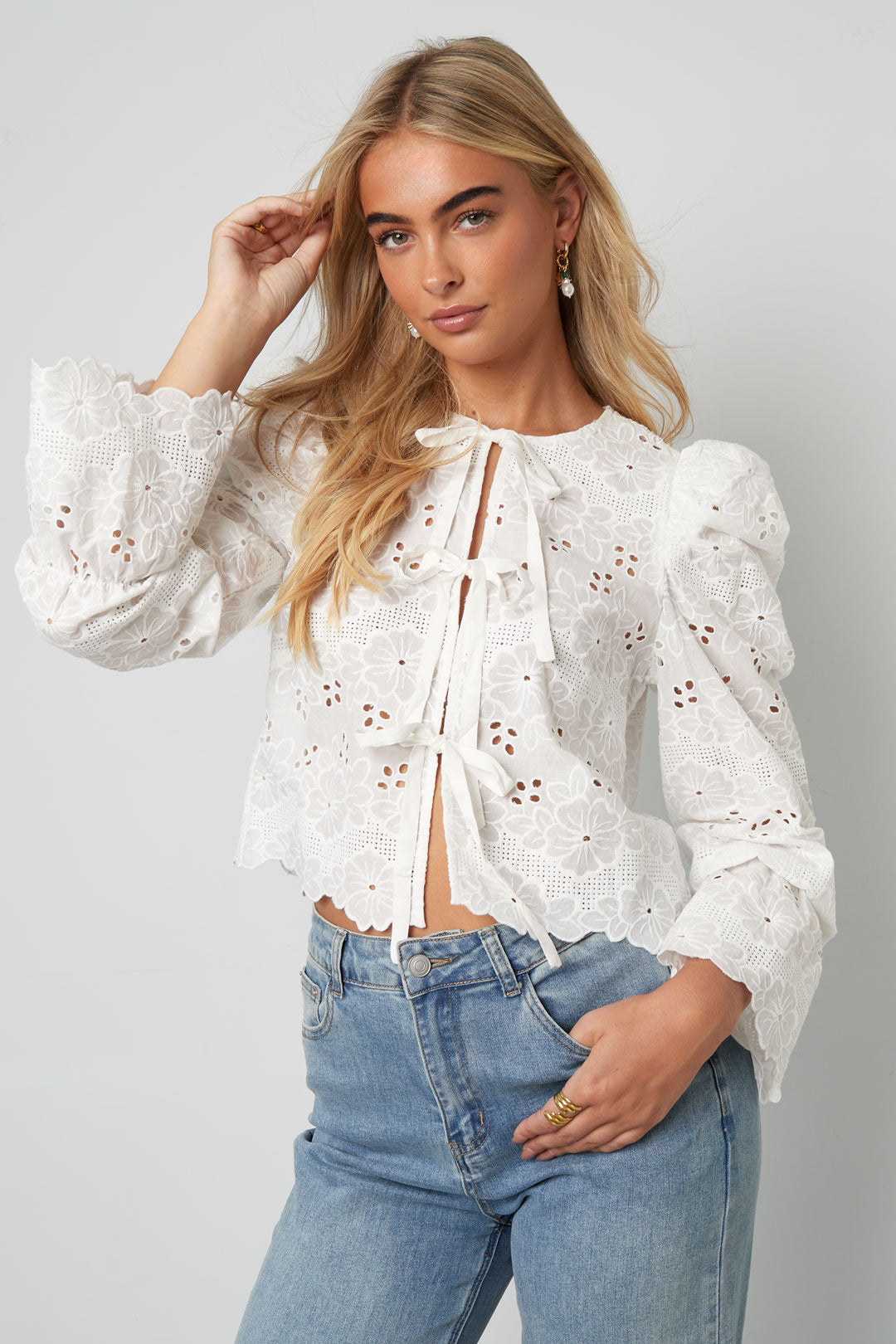 Cotton Woven Vrouwen Lange Mouw Top Casual Cutout